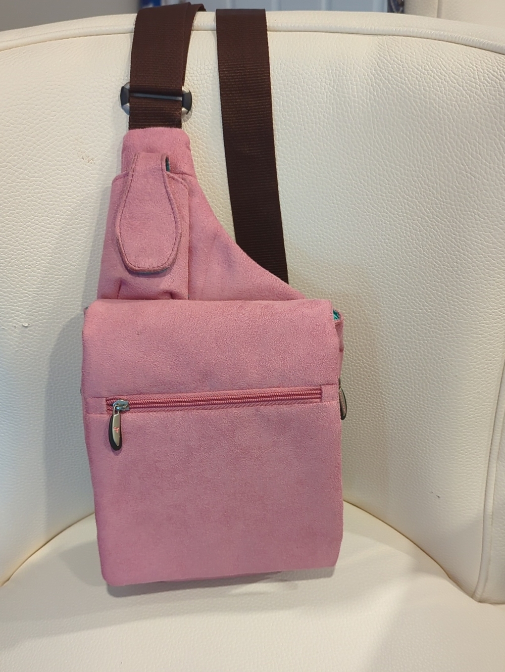 Travelon Pink Suede Crossbody Sling with Brown Strap